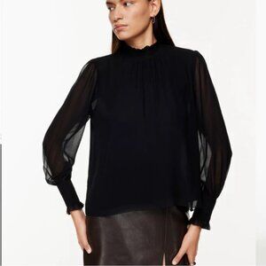 Aritzia Wilfred Valencia Blouse Mock Neck Puff Sleeves Smocking Semi-Sheer Black